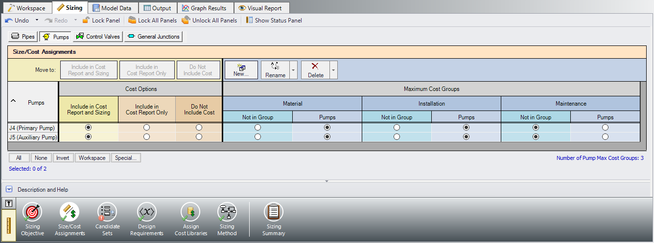 The Size/Cost Assignments panel with Maximum Cost Groups assigned for pumps.